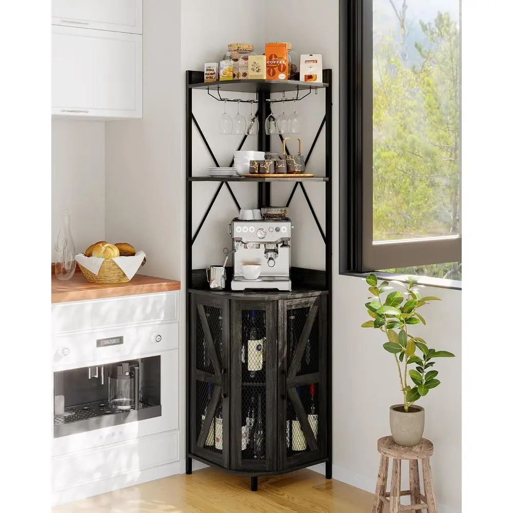 

72in Corner Wine Cabinet with Power Outlet, Industrial Wine Cabinet w/LED Strip&Glass Holder, 5-Tiers Liquor Cabinets Bar for Ho