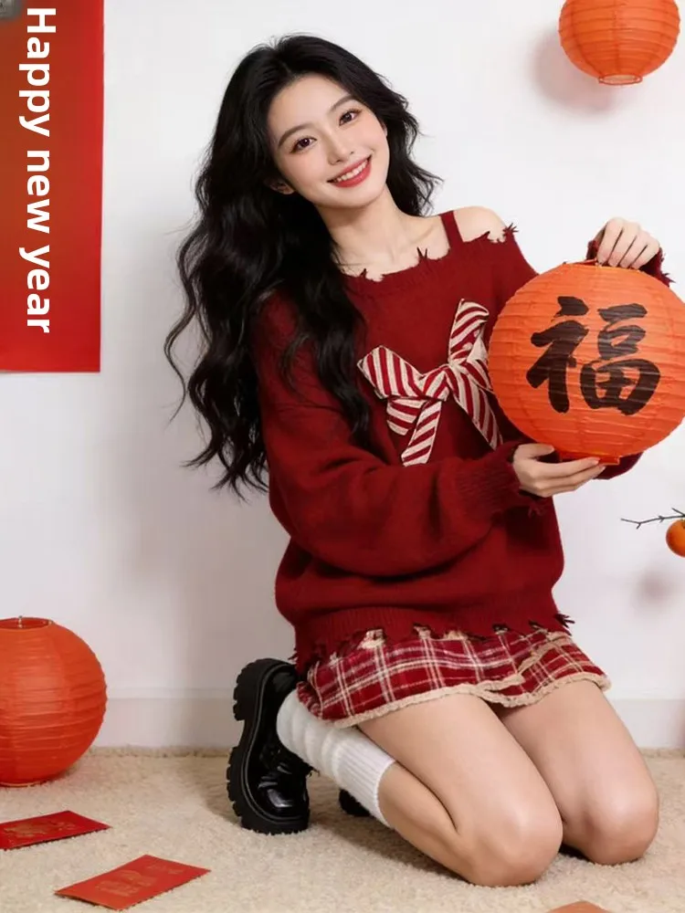 

Red New Year's Faion Set Women's Spring Knot oulder Bared Sweater Aosphere Sweet Sli Strap Plaid Skirt