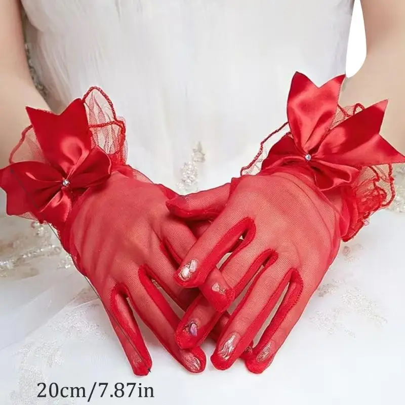 652F الدانتيل Bowknot تقليم قفازات الحدث الرسمي فساتين الزفاف قفازات للعروس وصيفات الشرف #6