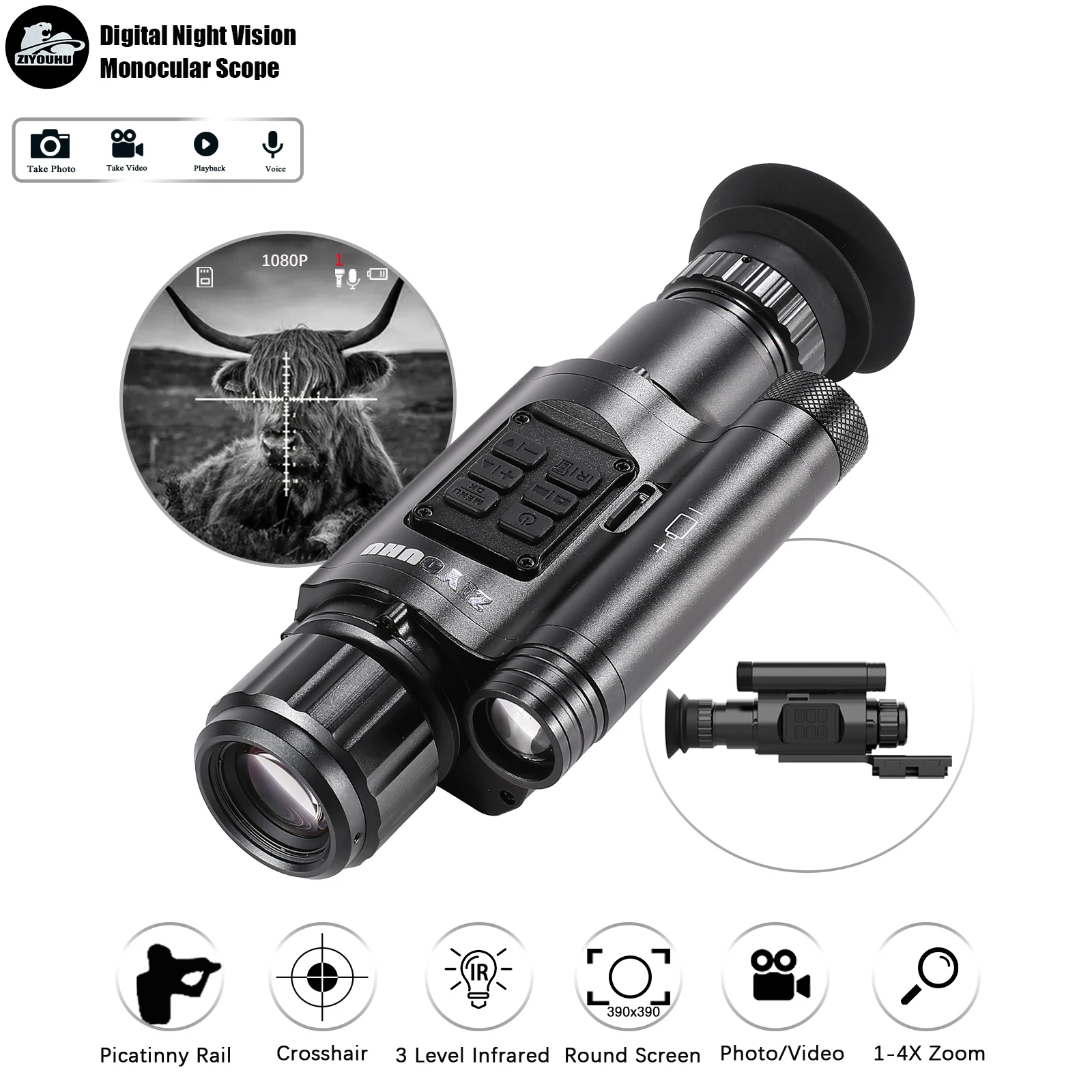 New HD Monocular Night Vision Infrared Editable Camera Cross Cursor NV Hunting Night Mirror Providing Multiple Lenses