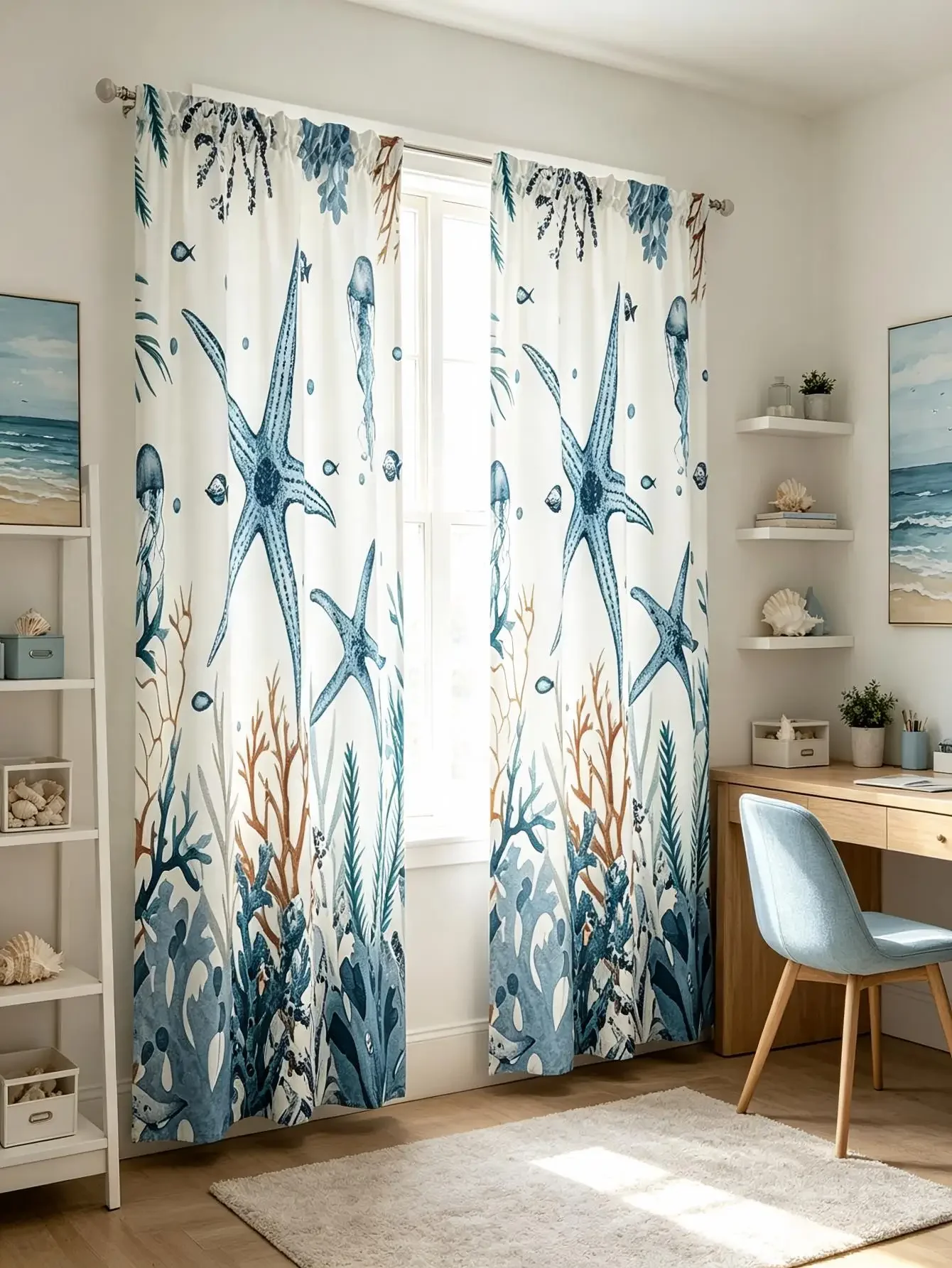 Coastal Nautical Beach Decor Curtains Blue Starfish Sea Life Pattern Light Filtering Window Drapes