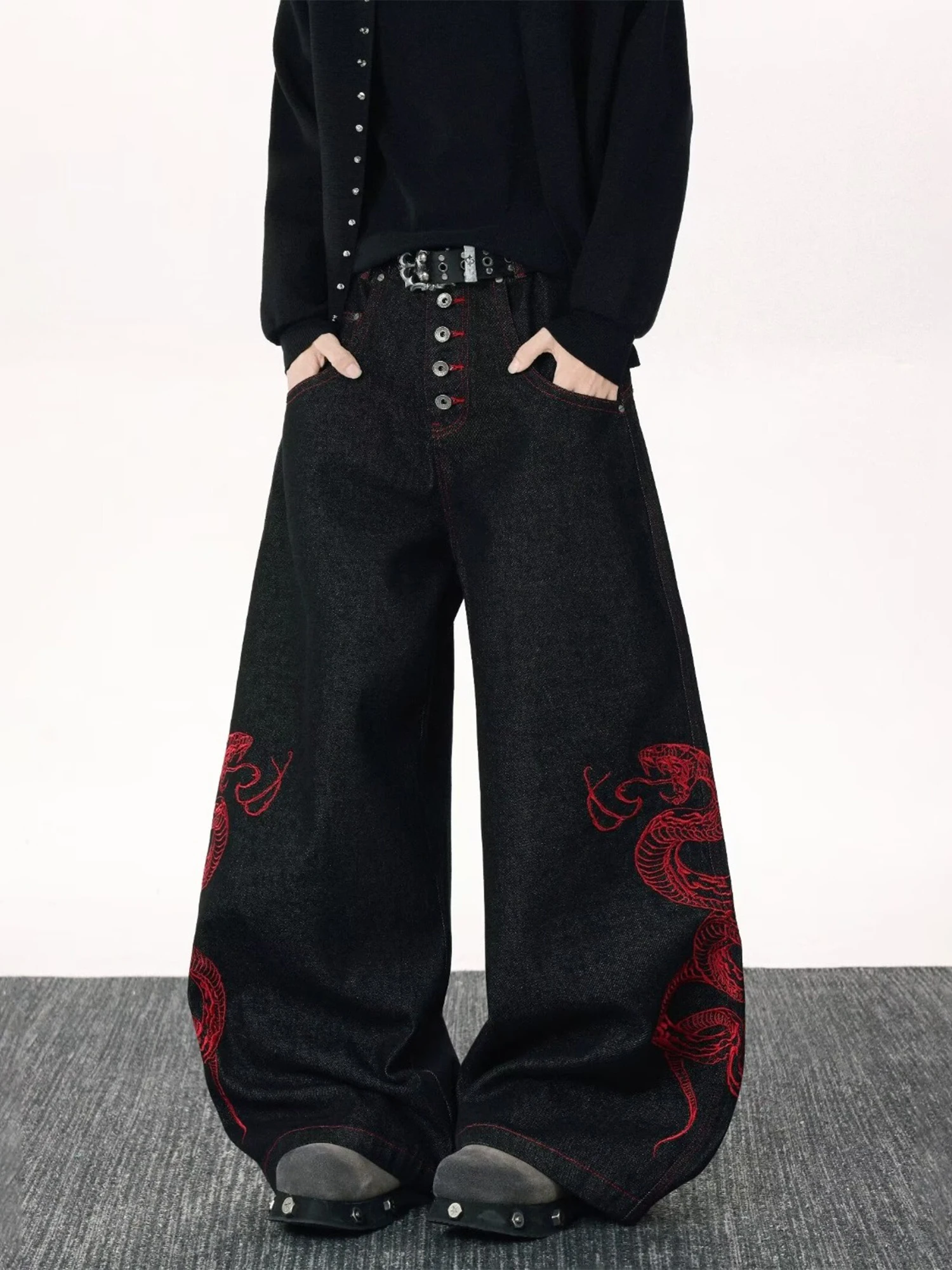 

Мужские джинсы American Sle Heavy Du с вышивкой в виде змеи, осенне-зимние, уличные, свободные, широкие, в пол