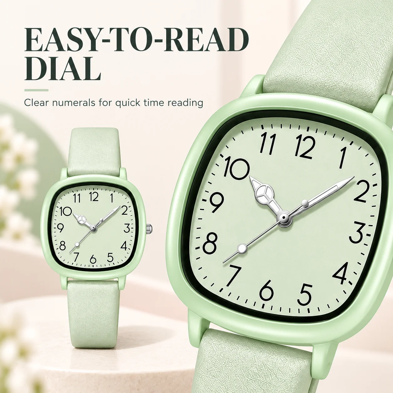 Women's Minimalist Square Analog Watch, Rounded Square Dial with Arabic Numerals, Textured Strap, Multiple Colors