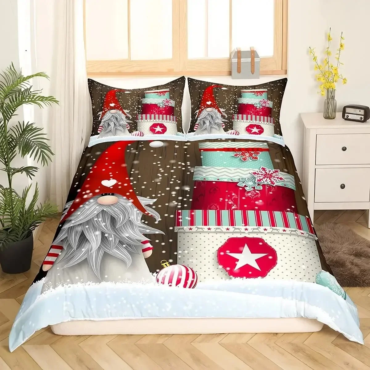 

Xmas Duvet Scandinavian Christmas Santa Gnomes Comforter Cover Snowing Santa Claus Bedding Sets Romantic Candlelight Quilt Cover