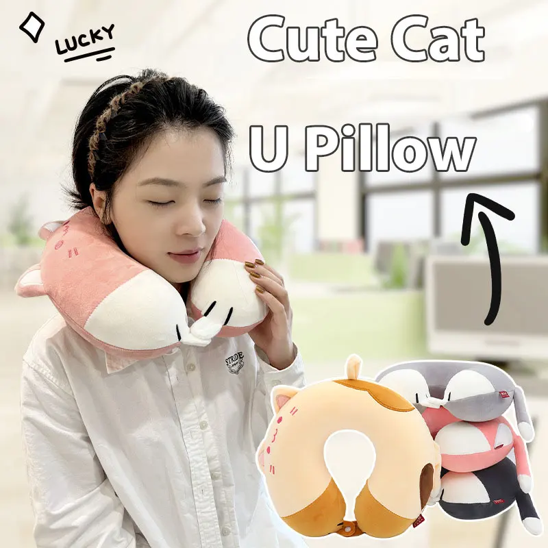 Cartoon Animal Cat U-Shaped Plush Sleep Neck Protection Pillow Office Cushion Cute Travel Memory Foam Pillows for Children/Adult