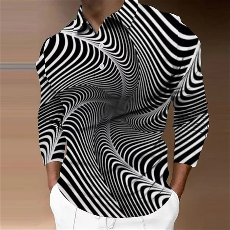 Newest Optical Illusion 3D Graphic Prints Turndown Long Sleeve Polo Shirt Men Clothing High Quality Male Casual Shirts Tops Tees