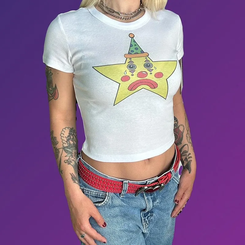 

2000s Short Sleeve Summer Girls Joker Star Graphic Vintage Crop Tops Y2k Harajuku Punk Teen's Streetwear Baby Tee