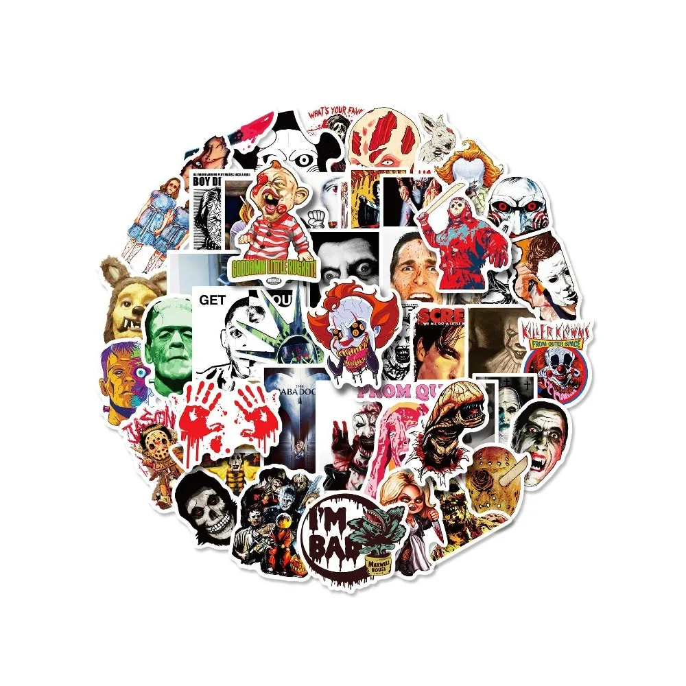 50 قطعة صورة فيلم الرعب مزيج ومطابقة ملصق شخصية مثيرة الكتابة على الجدران سيارة كوب ماء وسادة اليد لوح التزلج ملصق إبداعي