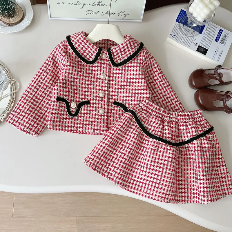 

Children Autumn Suit Skirt2024New Girls' Western Style Fashion Lapel Plaid Two-Piece Suit Fashion