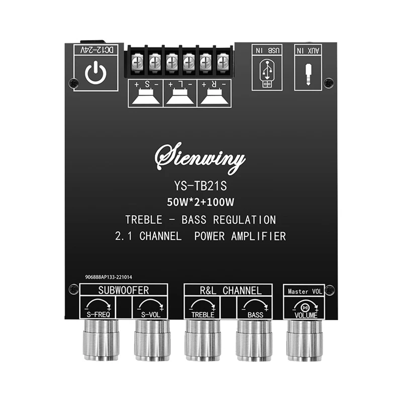 YS-TB21S 2.1 Channel Bluetooth 5.1 Amplifier Board TPA3116 50Wx2+100W Left Right Channel+Subwoofer Audio Module DC12-24V