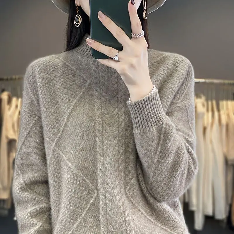 Women's Semi High Neck Diamond Shaped Twisted Flower Base Sweater Knitted Sweater Pullover Loose Lazy Thick Sweater for Women