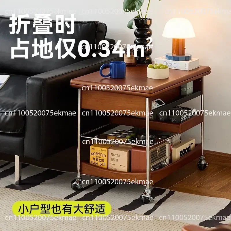 Medieval Mobile Antique Solid Wood Coffee Table Folding Household Retro Small Apartment Living Room Trolley Sofa Storage