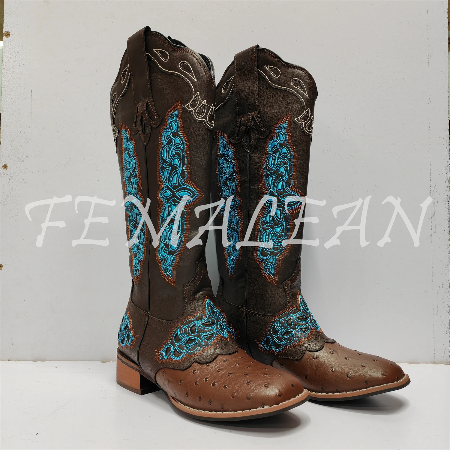 FEMALEAN 2023 Women Brown Round Toe Calf Heels Leather Vintage Western Texana Cowboy Boots Ladies Shoes On Offer