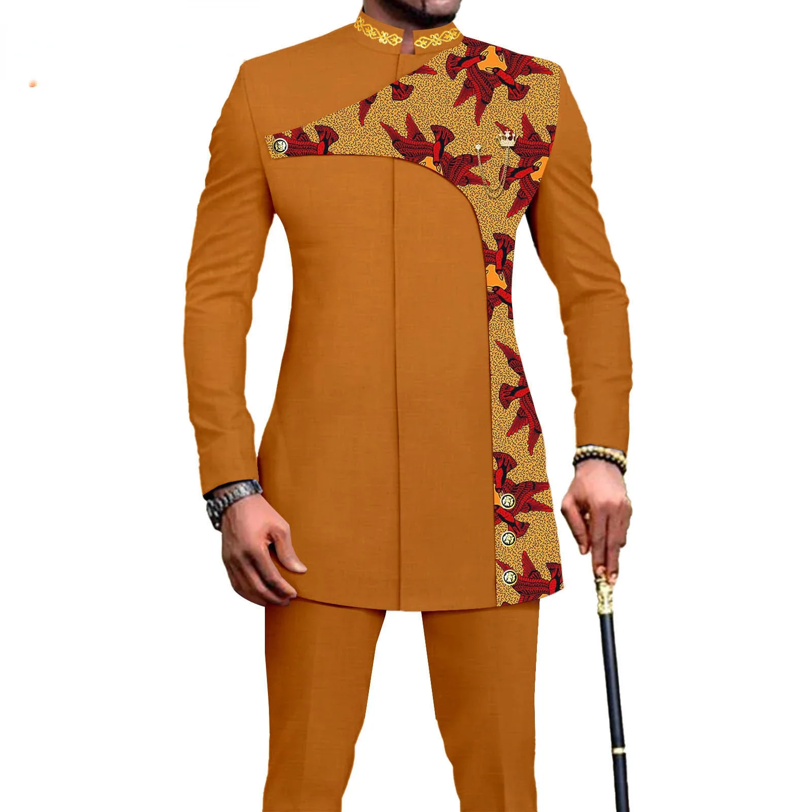 Bazin Riche African Traditional Clothing for Men Zip Shirts and Pants 2 Piece Set Formal Suit for Wedding Evening A2316036