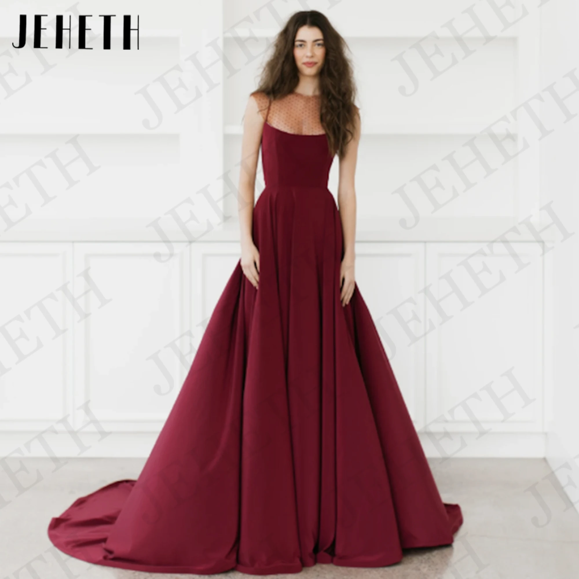 

JEHETH Customized Burgundy Evening Dresses for Women vestidos de fiesta Illusion O-Neck A Line Prom Special Occasion Dresses