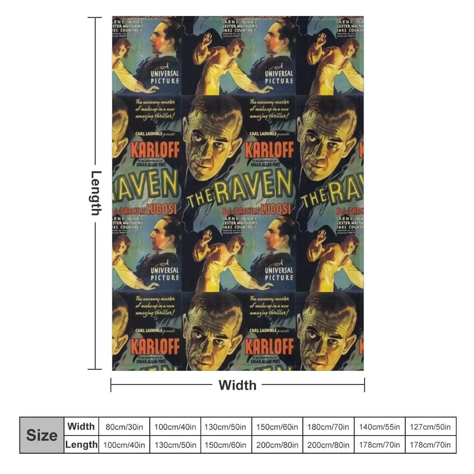 The Raven - vintage Universal horror poster - Boris Karloff, Bela Lugosi, Edgar Allen Poe Throw Blanket Flannel Fabric Blankets