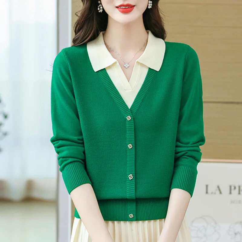 Sweter damski Dongguan Daliang, nowy, dzianinowy, imitacja dwuczęściowego swetra, długi rękaw, dekolt w serek, standardowa długość, kardigan zimowy.