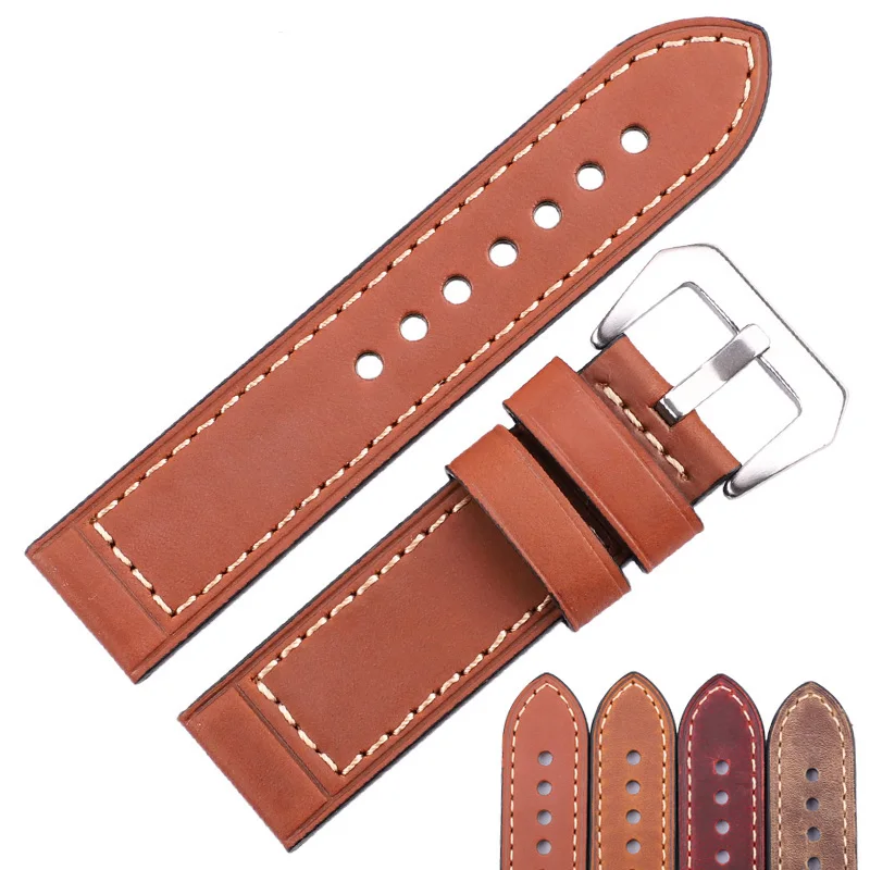 

Handmade Cowhide Watch Strap Bracelet 22mm 24mm Men Women Brown Black Red Genuine Leather Watchband Belt Stainless Steel Buckle