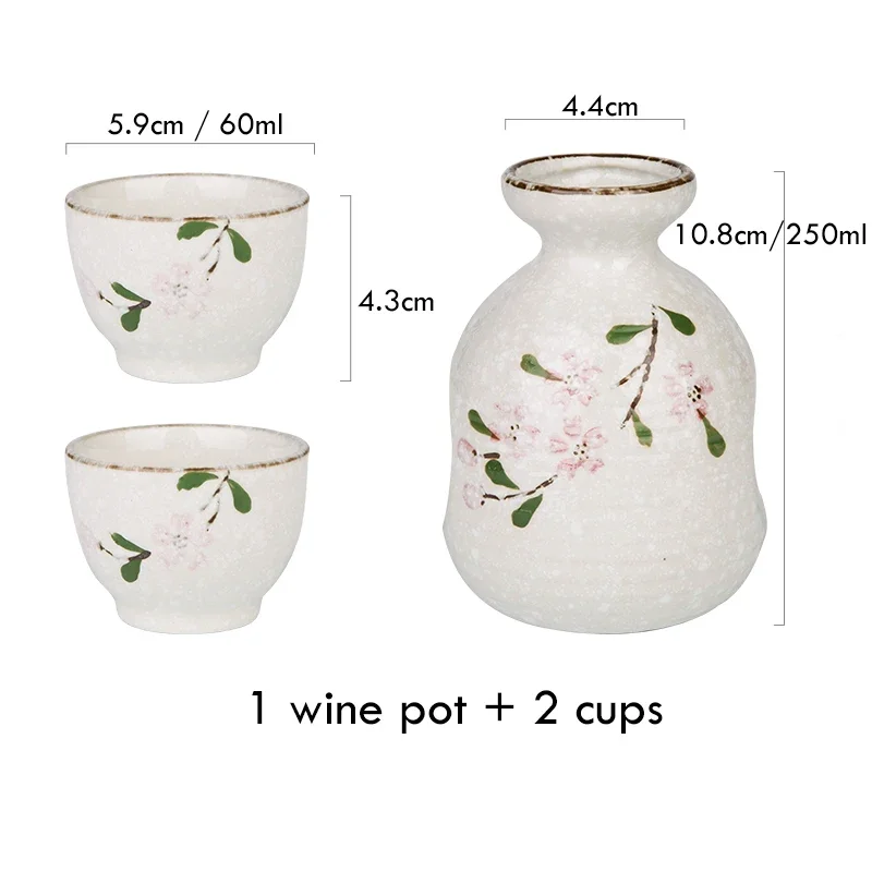 Sakura Wine Set Japanese Sake Set Ceramic Flagon Wine Pot with Drinking Cup Bar Soju Set (1 pot + 2 cups)