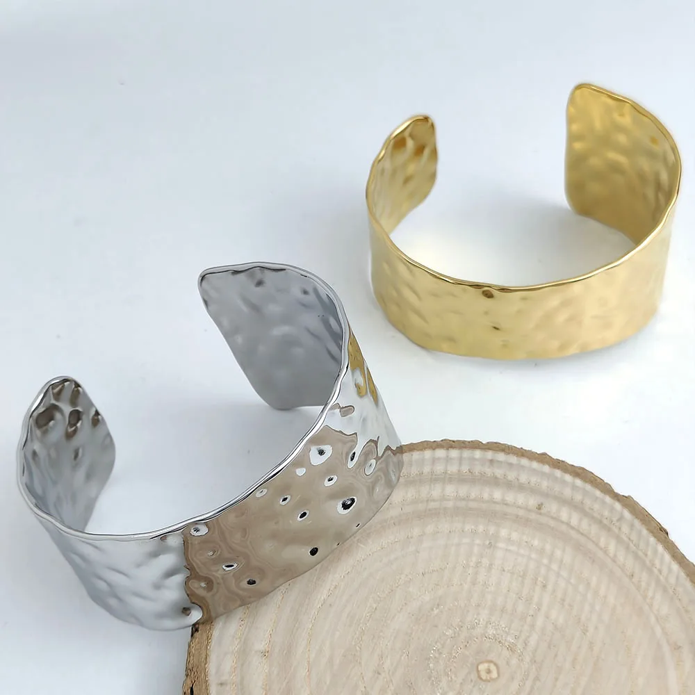 316L Stainless Steel 18K Gold Plated Hammered Dimple Open Cuff Wide Bangle Irregular Textured Minimalist Bracelet For Women