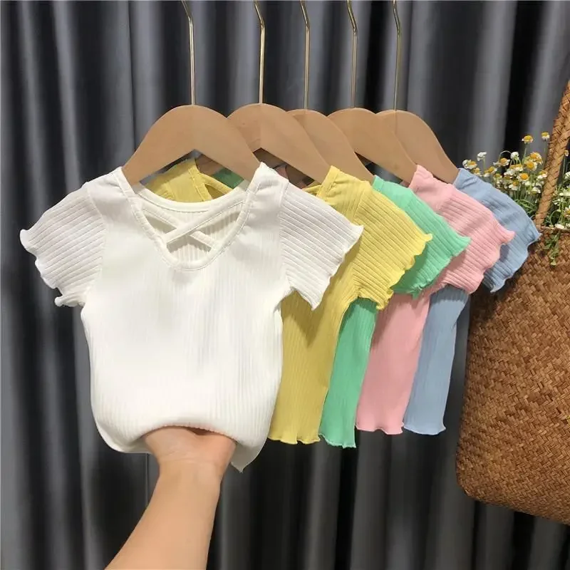 Baby Girls Summer Tops Cross Striped Solid Tank Tops 2022 New Arrival Spring Summer Kids Girls Cotton Princess Tops Korean Style