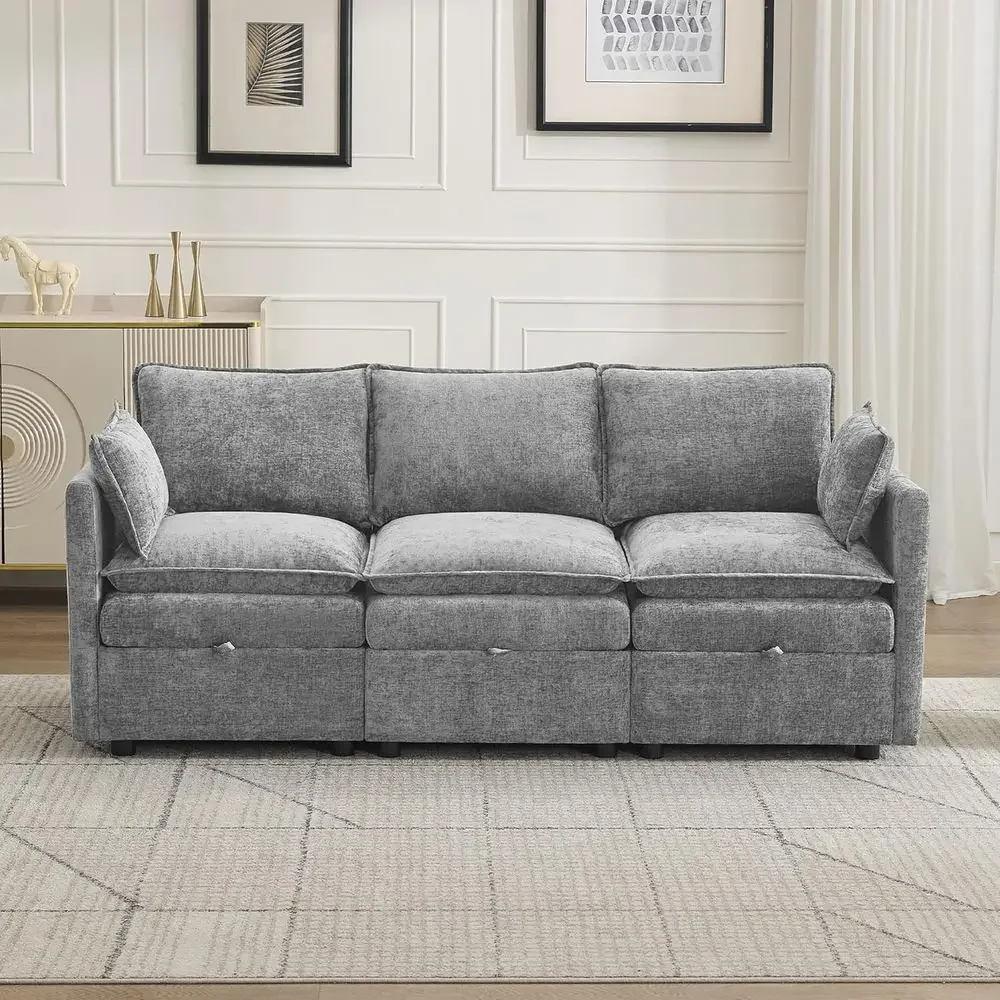 

80 Light Grey 3 Seater Cloud Sofa with Storage, Upholstered Deep Seat Couch, Sectional Sofa for Living Room, Ideal for Small Spa