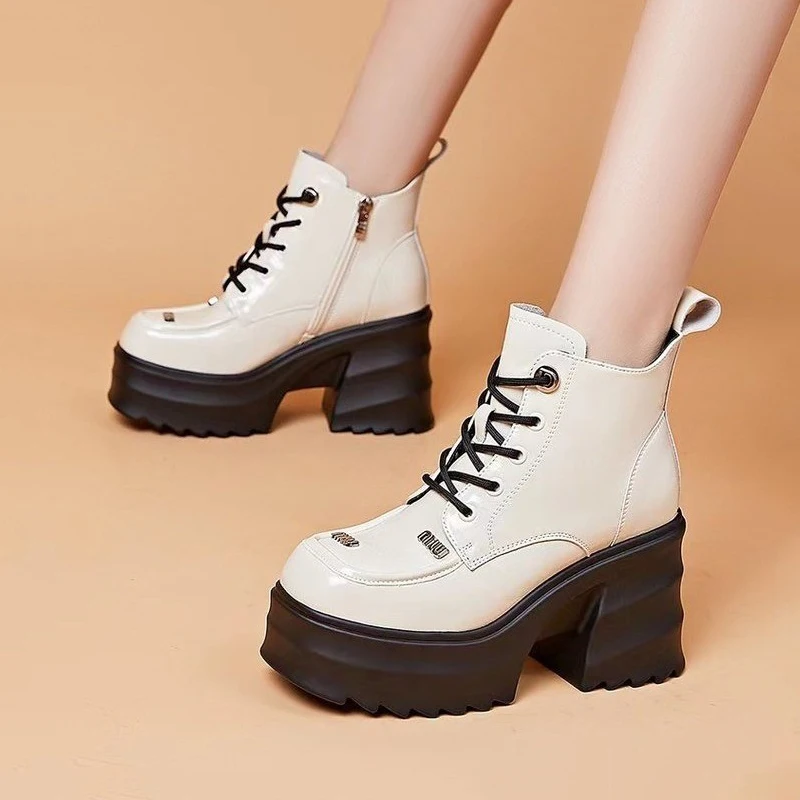 Punk Style Thick Bottomed Platform Boots For Women Fashionable High Top European American Fashion Leather Black Ankle Boots