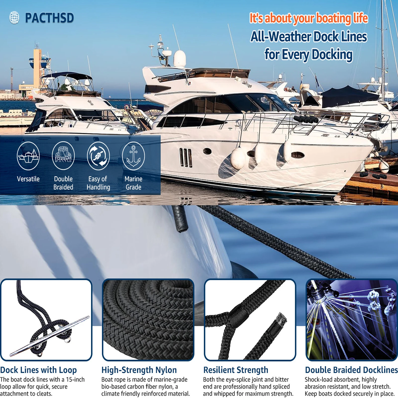 4.6m/15ft Black Boat Dock Lines Heavy Duty Dock Mooring Rope Boat Anchor Rope Marine Grade for Yacht Fishing Boat Nylon Line view 5