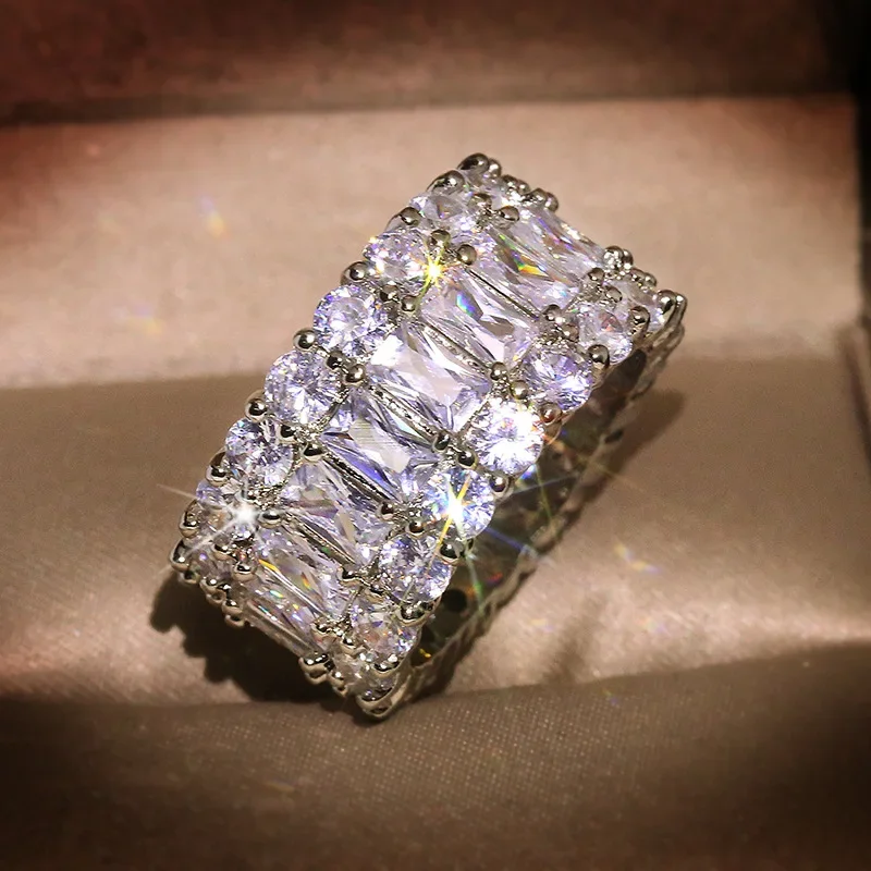 S925 Sterling Silver Color Big Band Ring with Bling Bling Zircon Stone Ring for Women Fashion Party birthday Jewelry