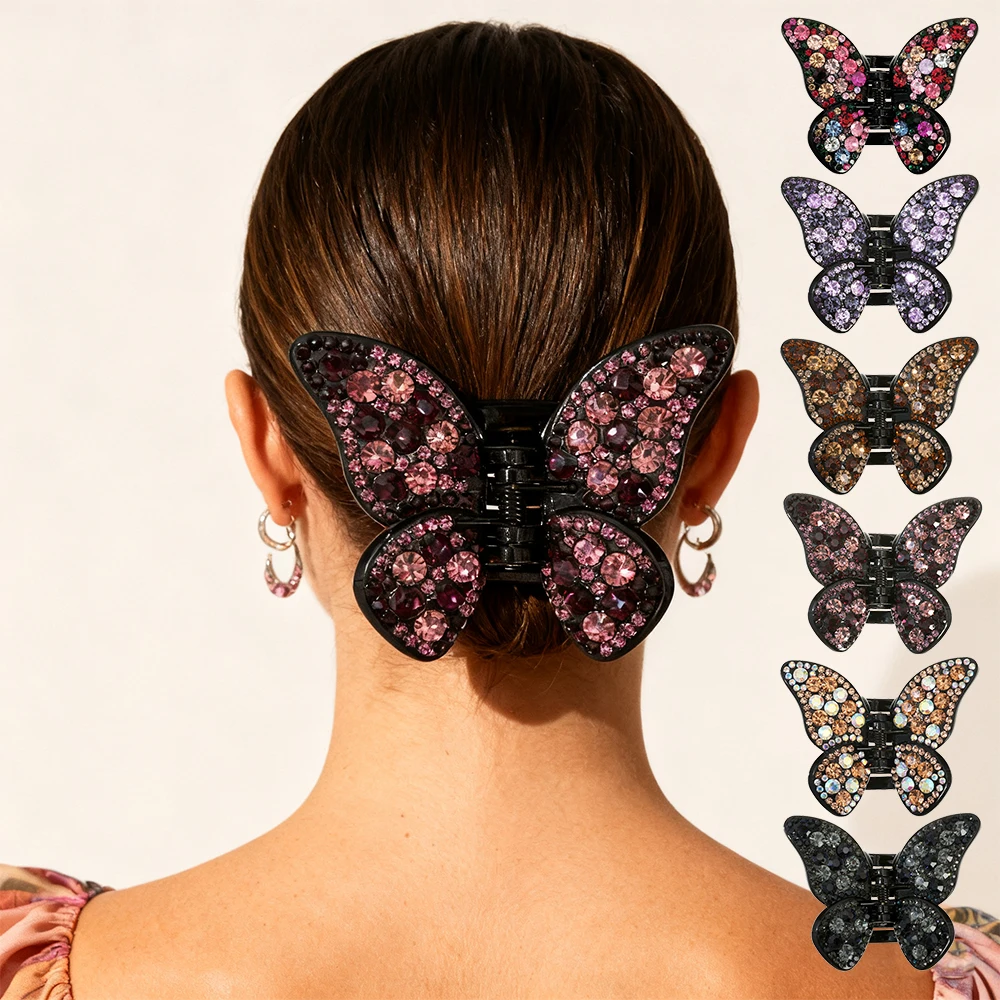 

AWAYTR Vintage Crystal Butterfly Hair Claw Colorful Rhinestone Women Crab Clamp Barrettes Hair Clip Shark Clip Hair Accessories