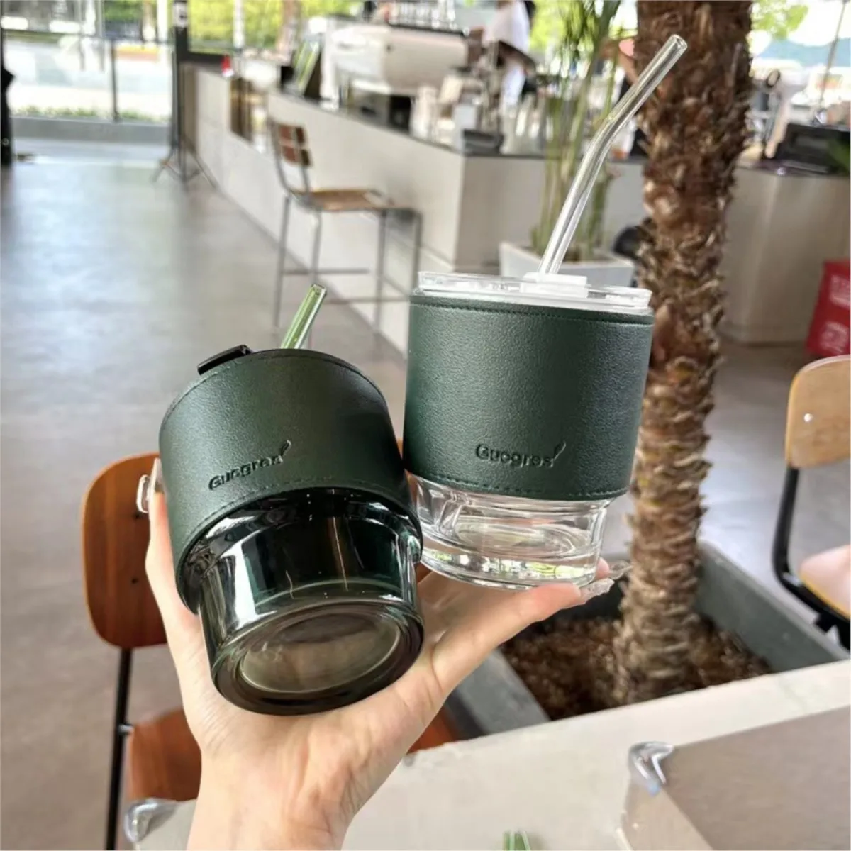 

Bamboo Coffee Cup Glass with Lid Luxury Leather Case Straw Mugs Portable Water Goblet Dark Green 420ml