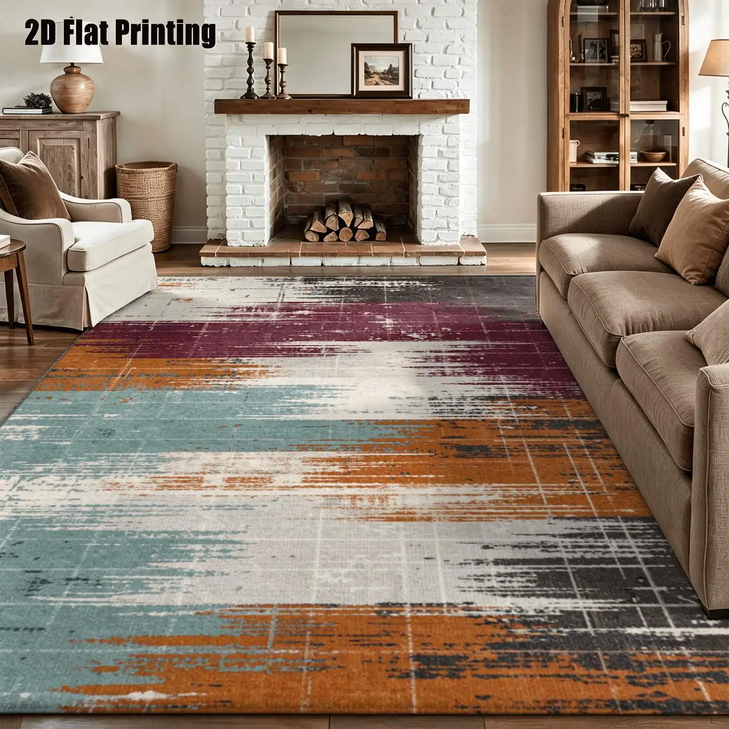 1Pc 2D Printed Retro Orange-Purple Geometric Pattern Carpet Nordic, Modern Minimalist, European Style, Machine Washable, Multi-Size, Suitable for Living Room, Bedroom, Dining Room, Entrance, Study Home Decor.