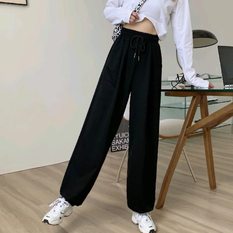 

1 PC Women Elastic High Waist Sweatpants Casual Loose Long Pants Solid Color Cinched Bottom Joggers Baggy Trousers with Pockets