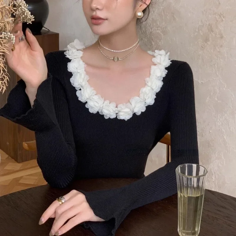 Ezgaga Woman Sweater Autumn Winter Flowers Slash Neck Flare Long Sleeve Slim Basic Knitted Tops Office Lady Elegant Pullover