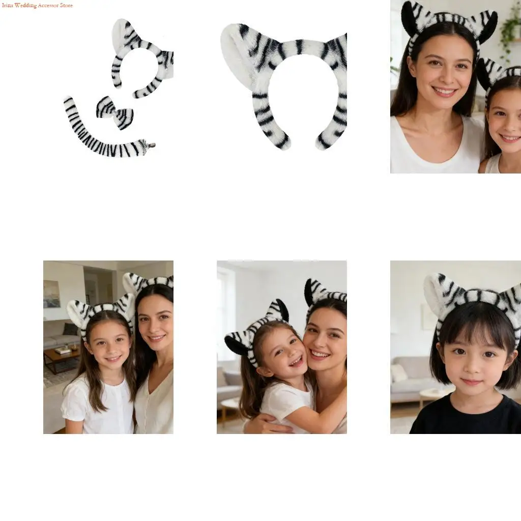 

G92D Zebras Costume Accessory Zebras Ear Headband Bowtie Tail Animal Dressing Up Set