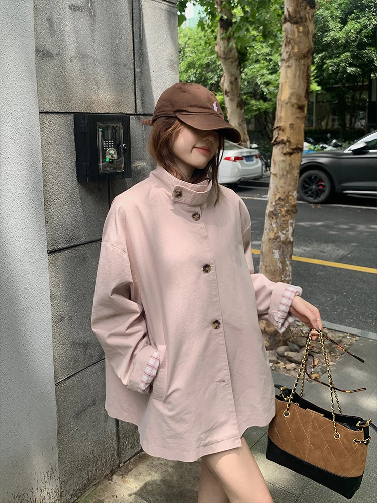 

Новинка! Женское пальто-жакет в клетку с воротником-стойкой в корейском стиле, цвет сладкий розовый, для повседневной носки, весна-осень, U77