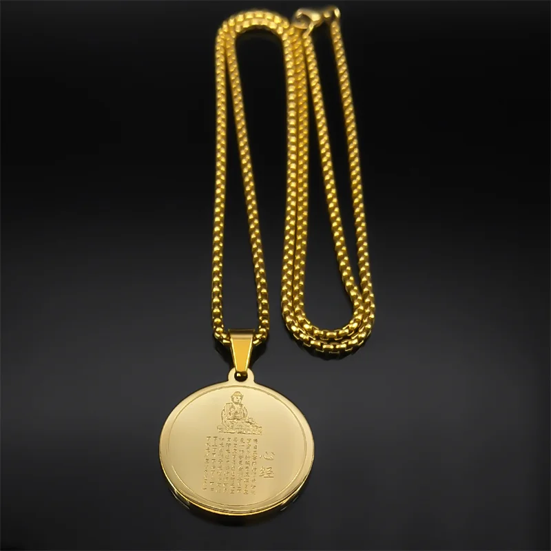 Buddhist Buddha Meditation Heart Meridian Medal Necklace for Women Men Stainless Steel Spiritual Buddhism Amulet Chain Jewelry