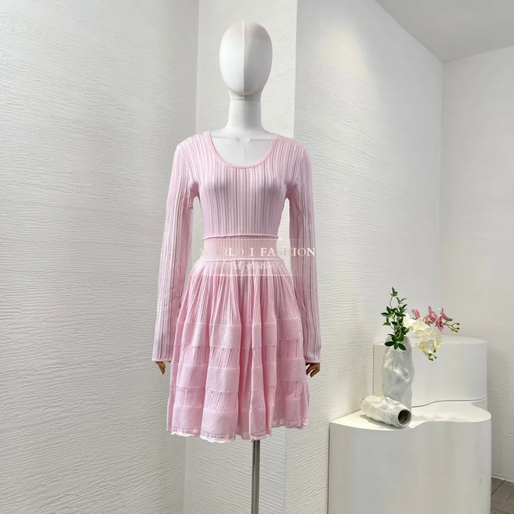 

Pink White Black Long Sleeve Knit Patchwork Mini Dresses 2025