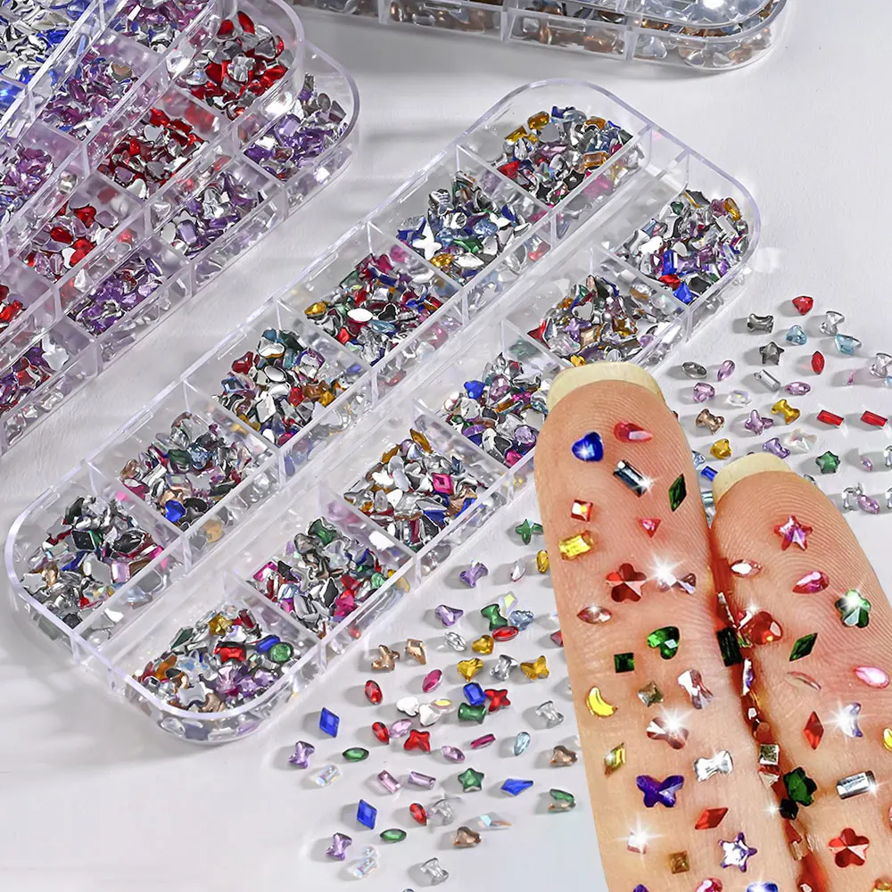 12 grades 3d mix coração/estrela/flor cristal parte traseira plana gemas de unhas colorido brilhante mini strass multi forma unhas diamantes jóias