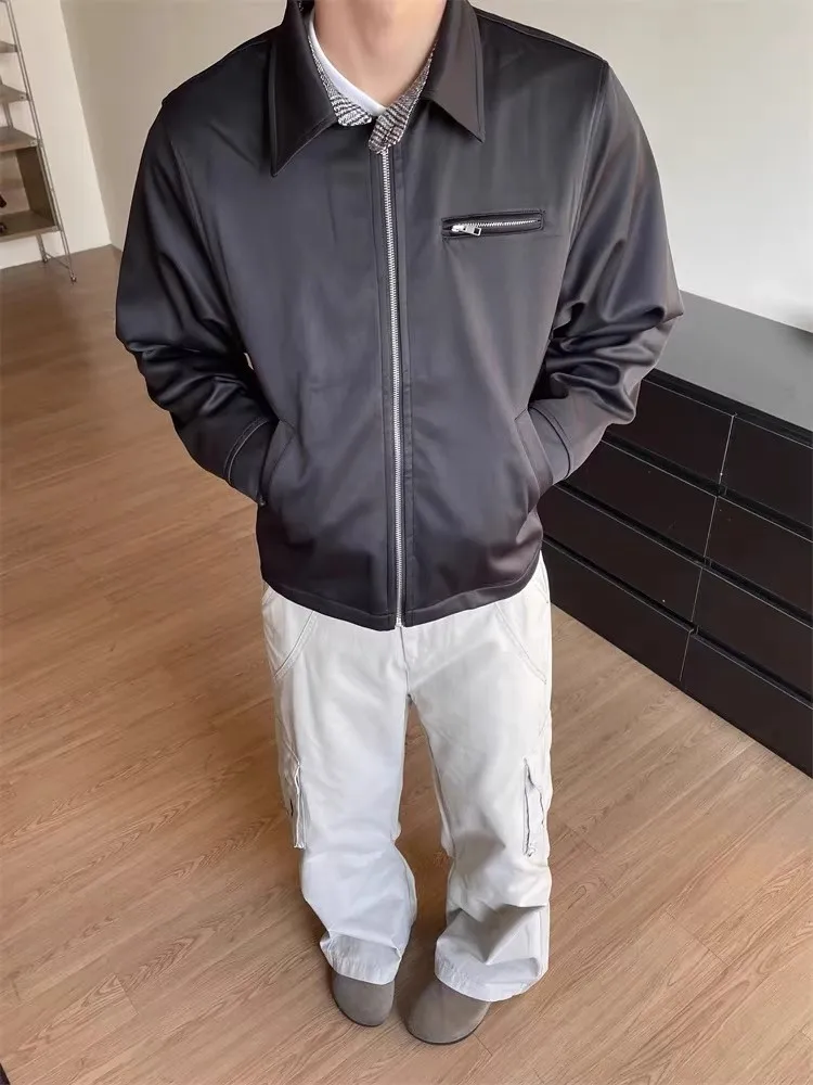 

Retro American Plaid Splicing Work Jaet Men's Long Sve Collar Coat Youth Loose Fit Autumn Season ex Faion Outerwear