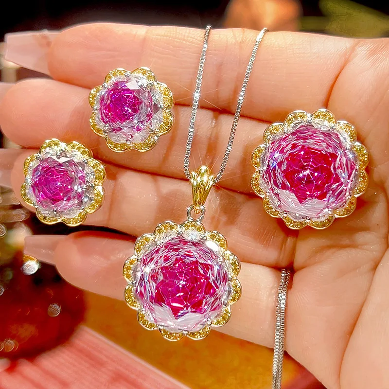 

Jewelry set with gold-plated rose cut rose red stones, light luxury fine craftsmanship, main stone 16-10mm