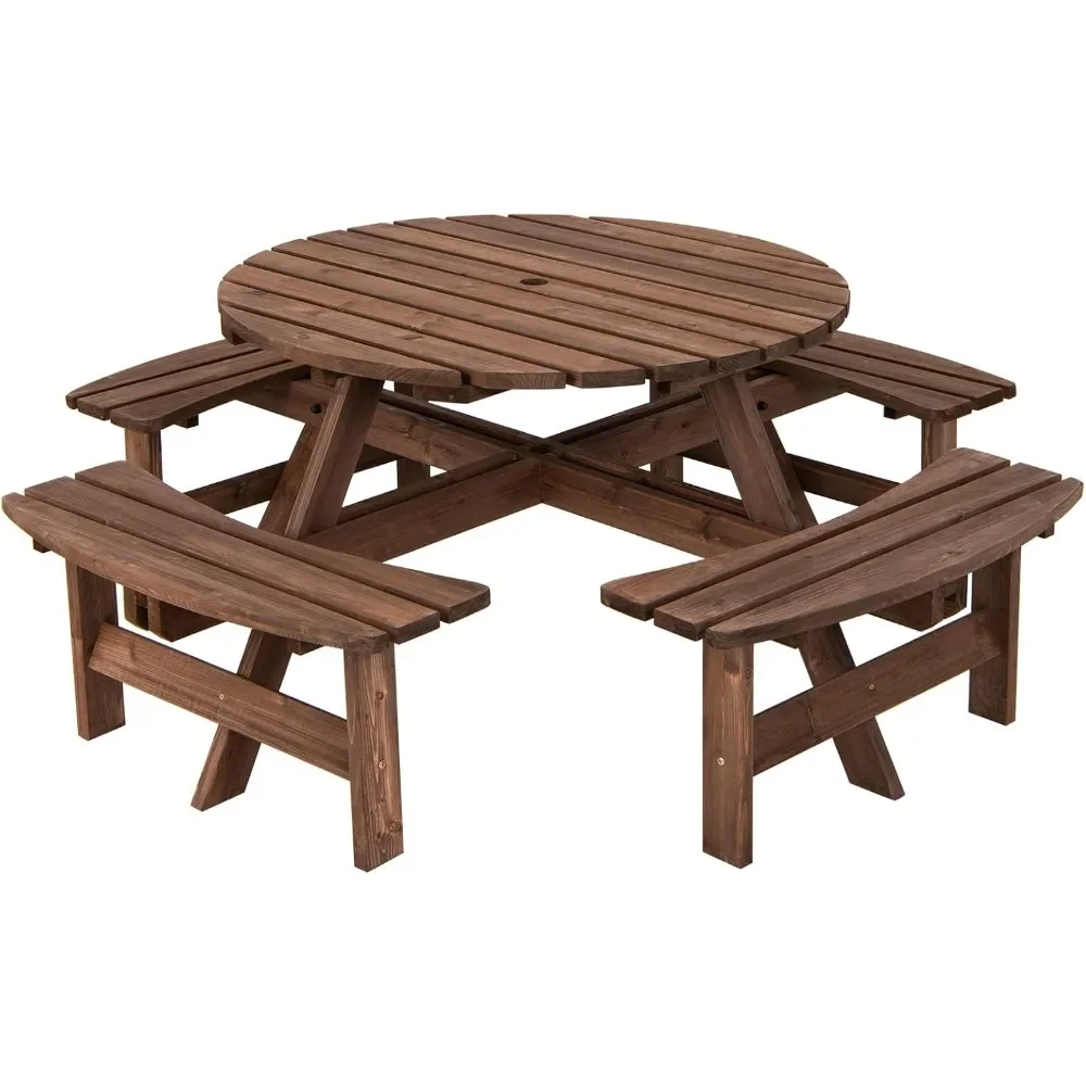 

XMSJ Picnic Table Set with Wood Bench, 4 Adults or 8 Kids, with Umbrella Hold Design, Rustic Design, Easy Assemble Outdoor Table