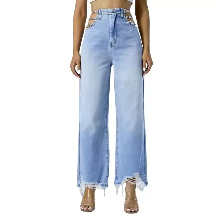 Denim Wash Jeans Pants for Women Ripped Jeans High Waist Loose Women Jeans Trousers Baggy Wide Leg Denim Casual