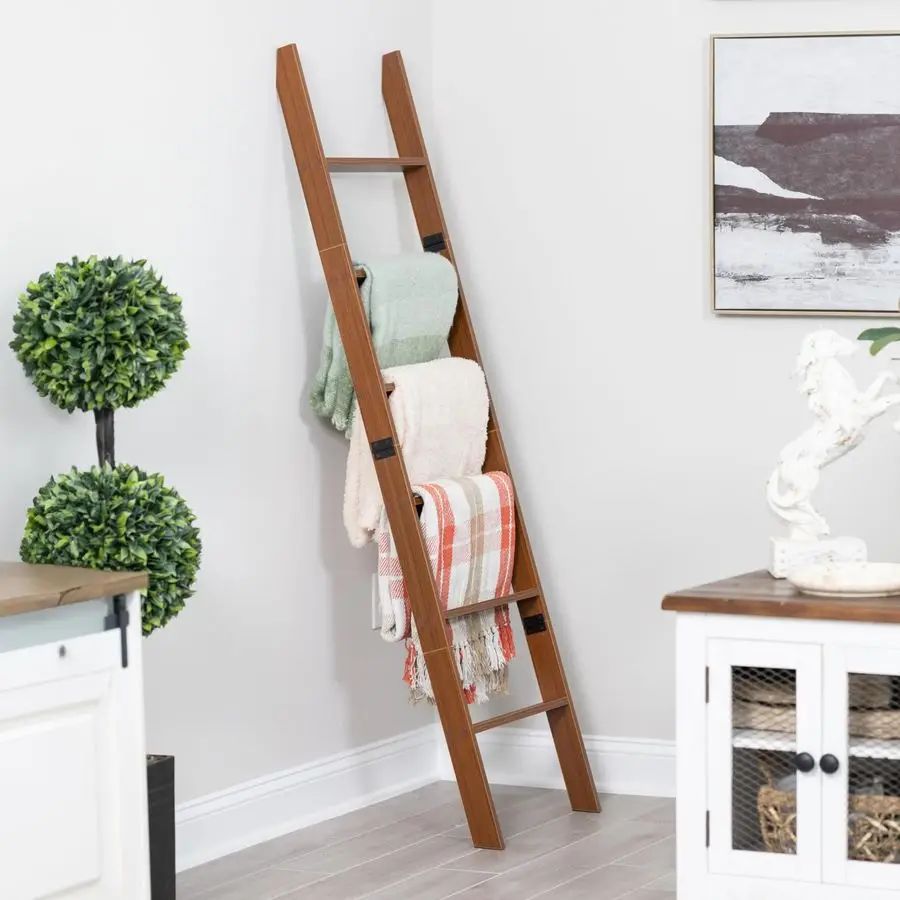 

Ladder for Living Room and Bedroom, 5ft 8 inch, 6Tier Wall Leaning Laminate NoSnag Construction Brown Rustic Decorative Farmhou