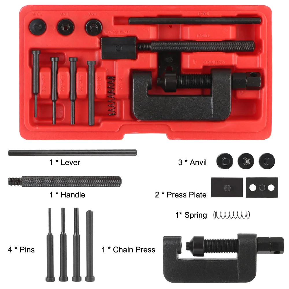 13Pcs Splitter Link rivettatrice Set rivettatura Kit di strumenti di riparazione moto bici resistente con custodia rossa Cam Drive Chain Breaker