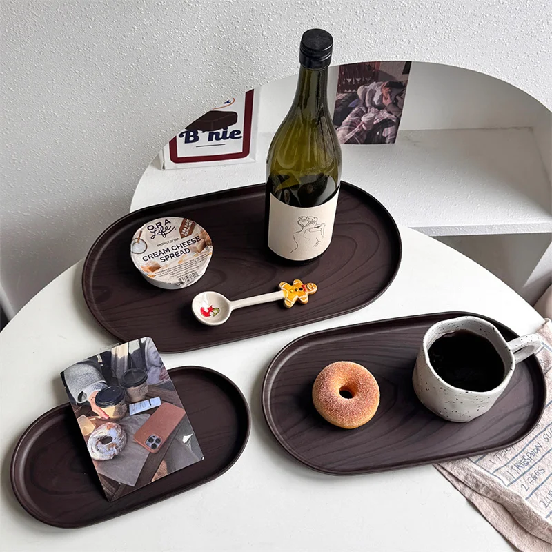3 Sizes PP Walnut Wood Grain Oval Serving Tray Nordic Style Coffee Tea Cup Dessert Snack Plate Cafe Home Decor Storage Tray