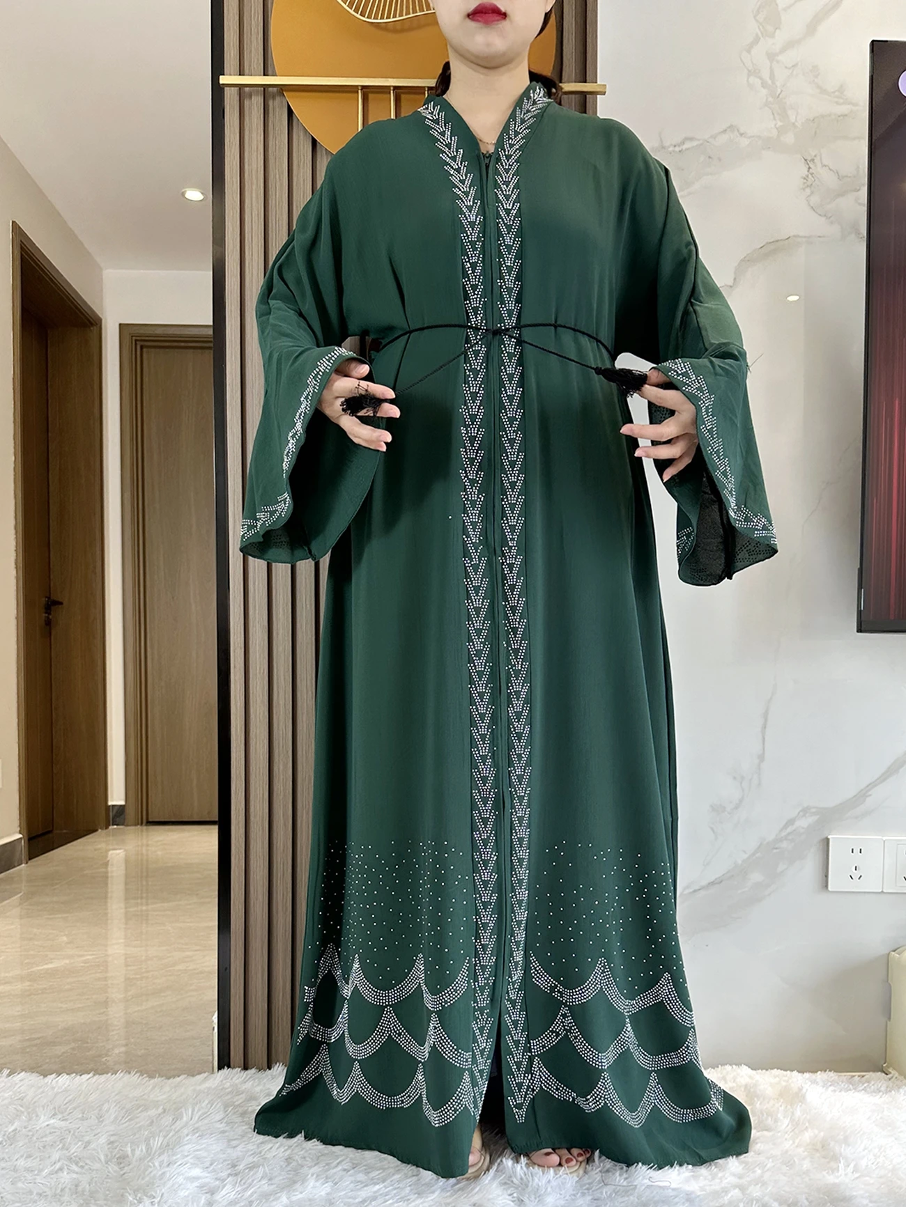 2024 Women Elegant Dress Dubai Party Outfits Long Sleeve Chiffon Rhinestones  Muslim Women Robe Open African Abaya Clothing