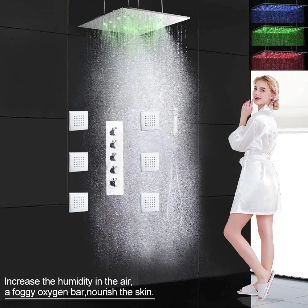 Luxury 2-Function 20-Inch LED Rainfall Spa Thermostatic Shower System Modern Complete Shower Faucet Set Polished Surface Soft