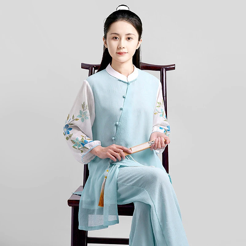 New Chinese Style Tai Chi Suit Women Summer Hand Painted Ba Duan Jin Qigong Gauze Linen Zen Meditation Asymmetric Top Set