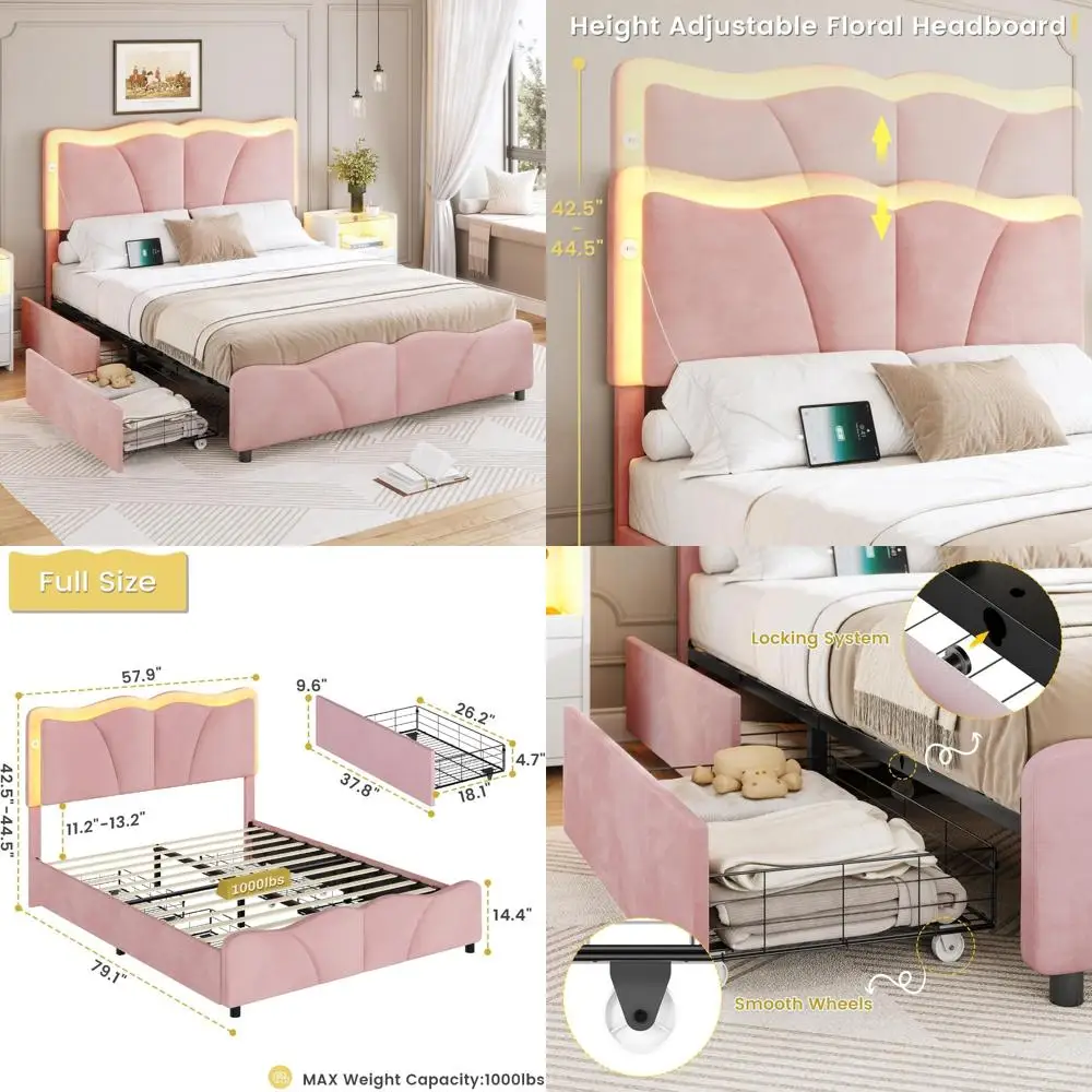 

MSmask Full Size Bed Frame with 4 Storage Drawers and LED Lights, Velvet Upholstered Platform Bed Frame with Height Adjustable H
